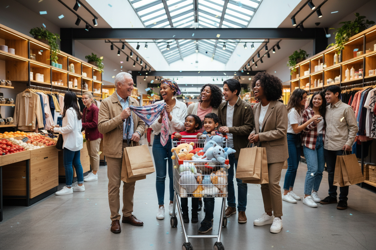 pessoas comprando e sorrindo